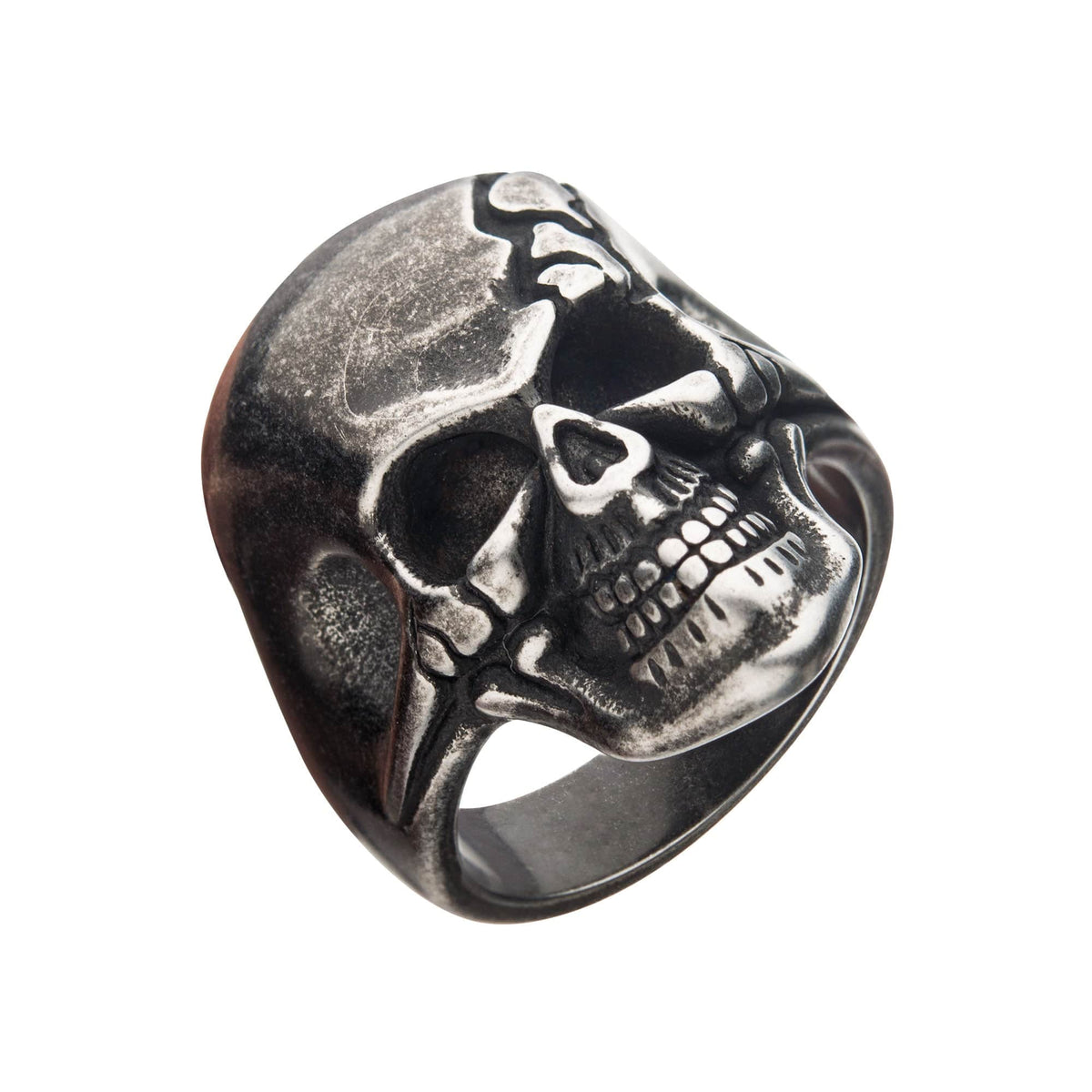 INOX JEWELRY Rings Silver Tone Stainless Steel Antique Finish Gunmetal Cracked Skull Ring