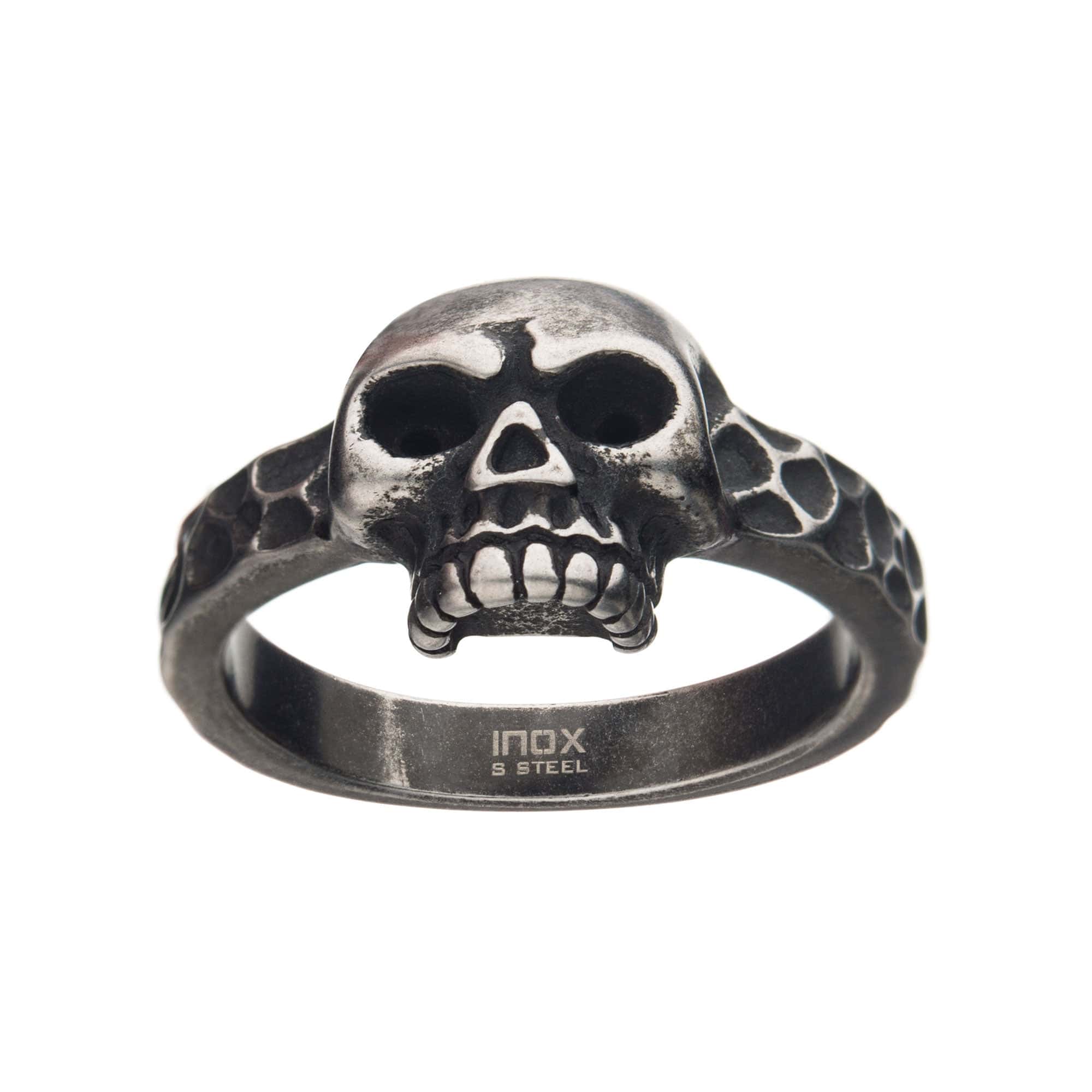INOX JEWELRY Rings Silver Tone Stainless Steel Antique Finish Gunmetal Skull Ring