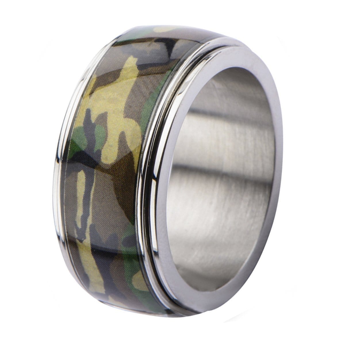 INOX JEWELRY Rings Silver Tone Stainless Steel Army Camo Collection Band