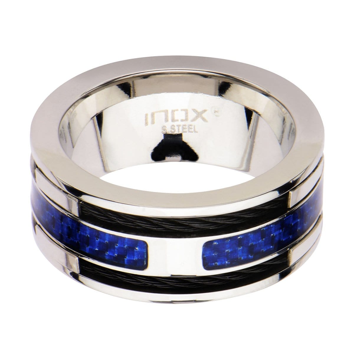 INOX JEWELRY Rings Silver Tone Stainless Steel Black Cable and Blue Carbon Fiber Ring
