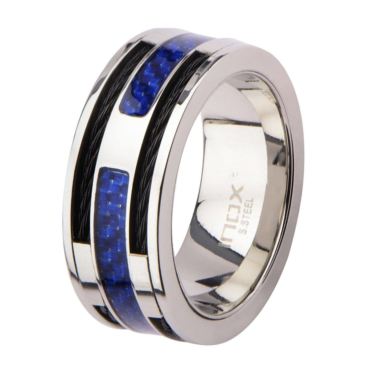 INOX JEWELRY Rings Silver Tone Stainless Steel Black Cable and Blue Carbon Fiber Ring