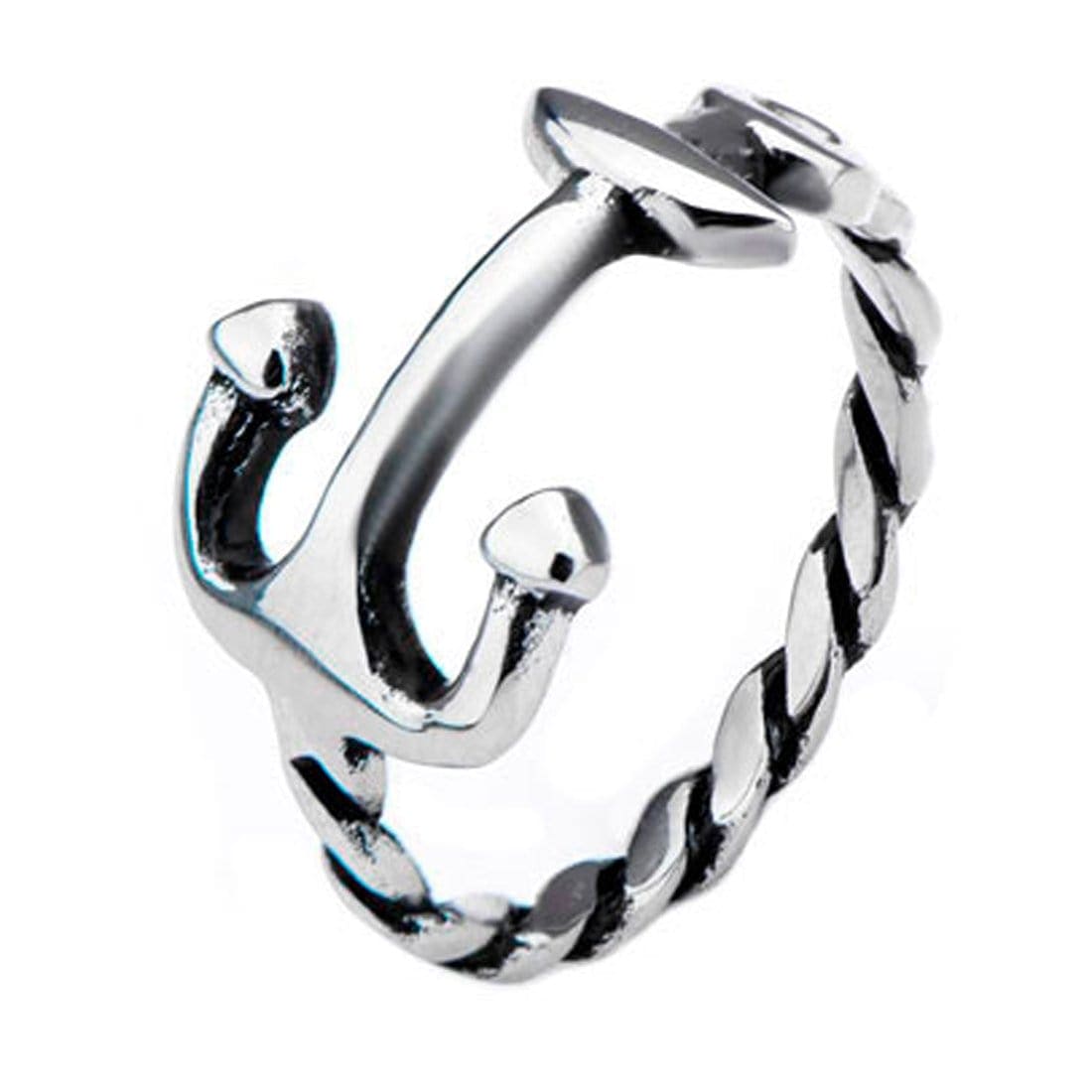 INOX JEWELRY Rings Silver Tone Stainless Steel Braided Rope Design Anchor Ring