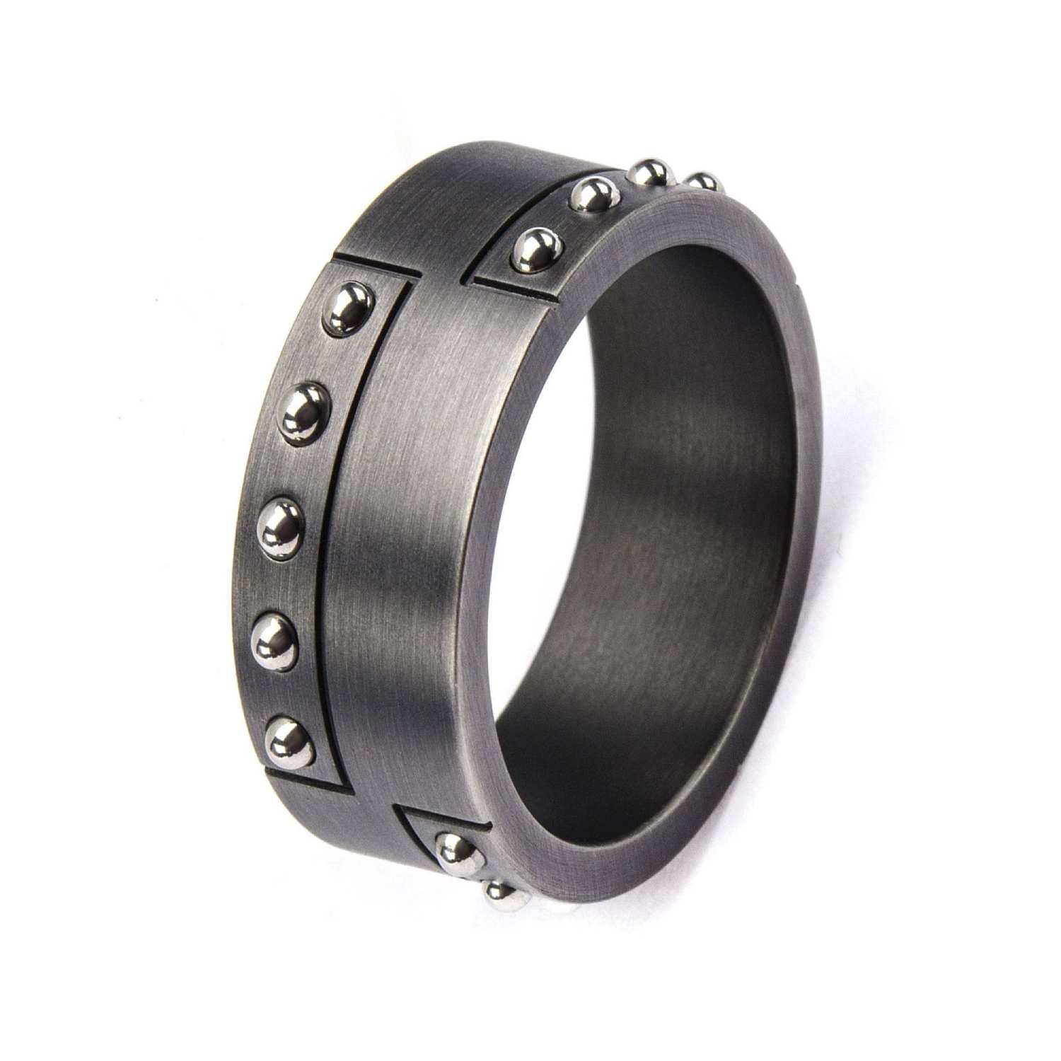 INOX JEWELRY Rings Silver Tone Stainless Steel Brushed Gunmetal Finish Beaded Band Ring