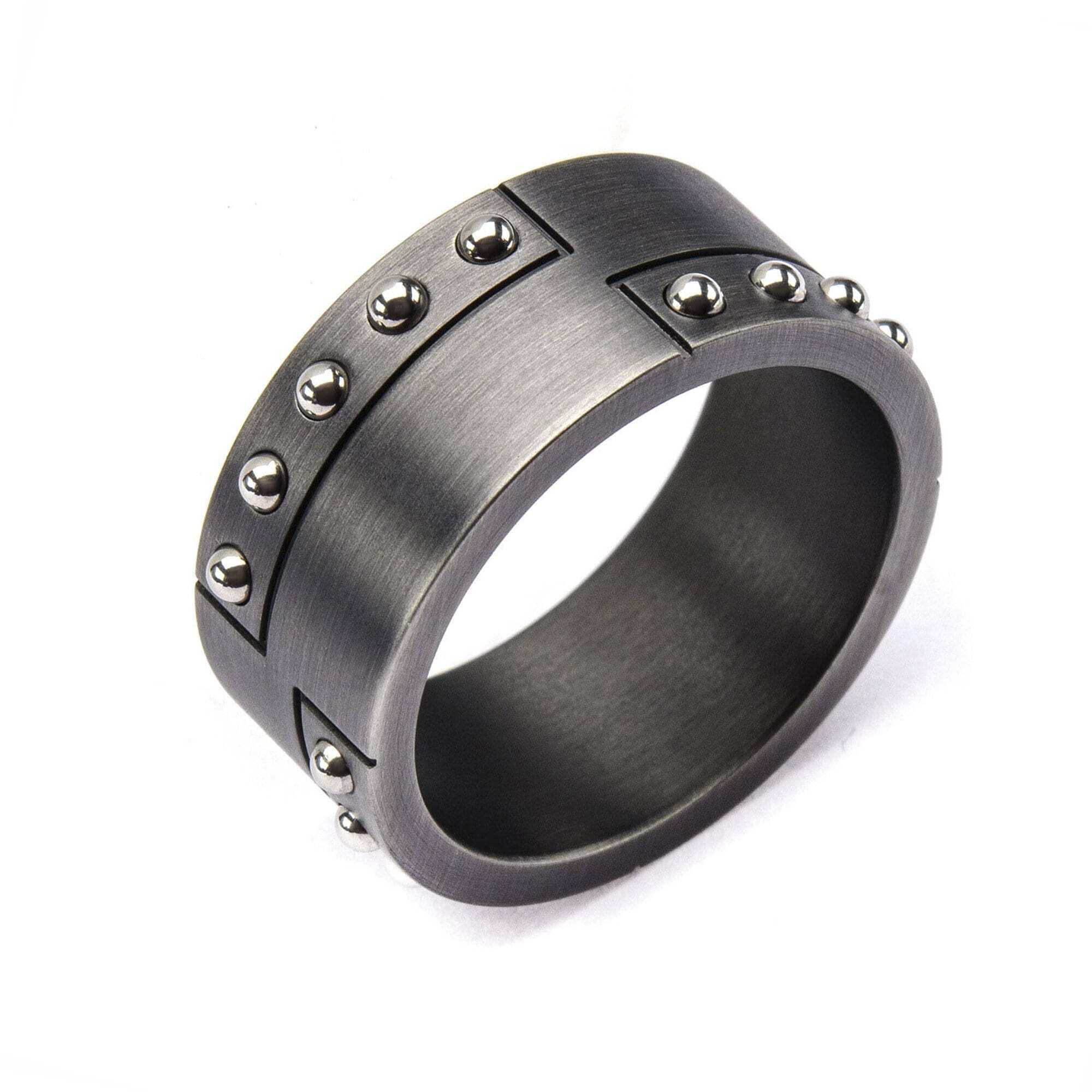 INOX JEWELRY Rings Silver Tone Stainless Steel Brushed Gunmetal Finish Beaded Band Ring