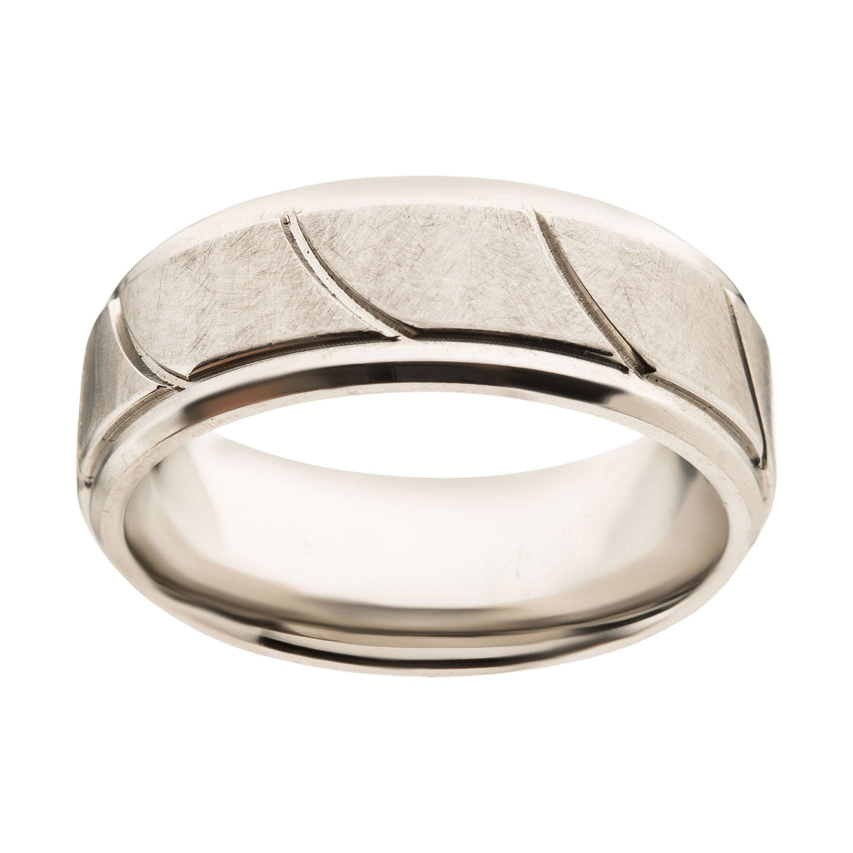 INOX JEWELRY Rings Silver Tone Stainless Steel Brushed with Grooved Beveled Ring