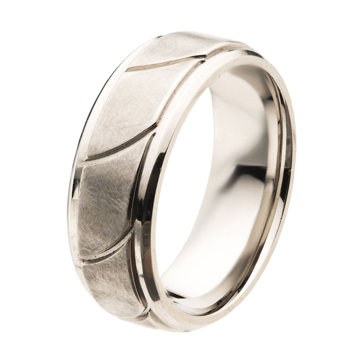 INOX JEWELRY Rings Silver Tone Stainless Steel Brushed with Grooved Beveled Ring