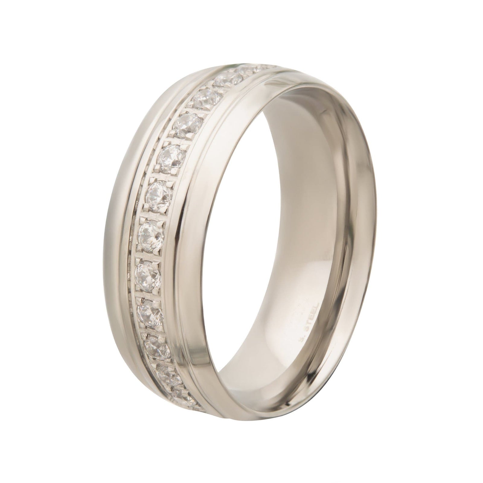 INOX JEWELRY Rings Silver Tone Stainless Steel CZ Eternity Band Ring