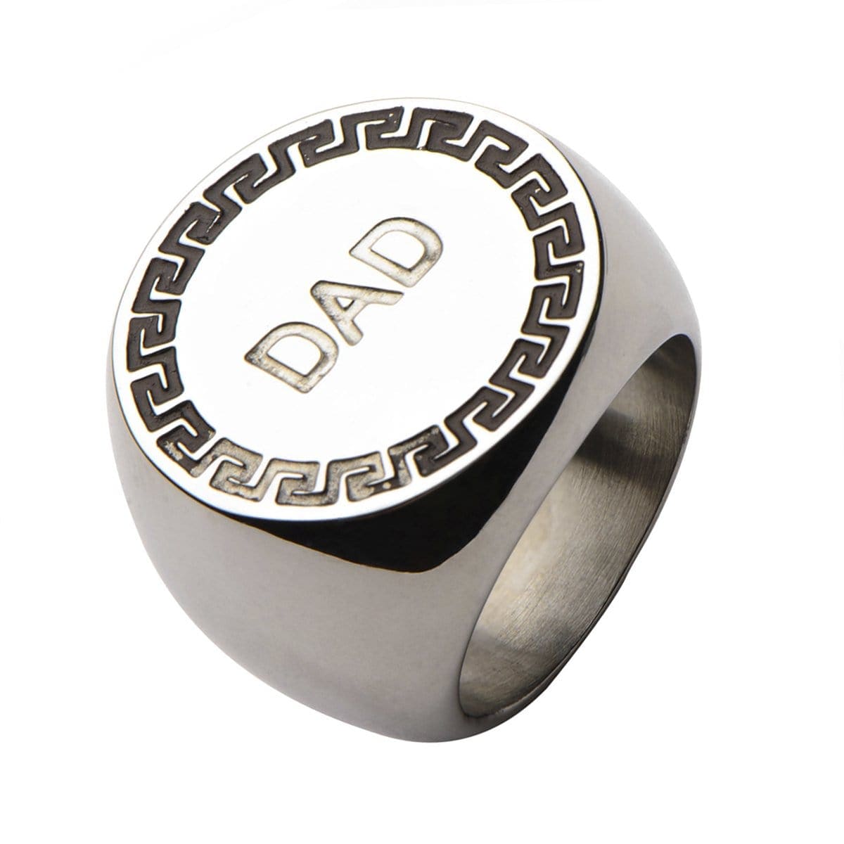 INOX JEWELRY Rings Silver Tone Stainless Steel Engraved DAD Round Greek Key Ring