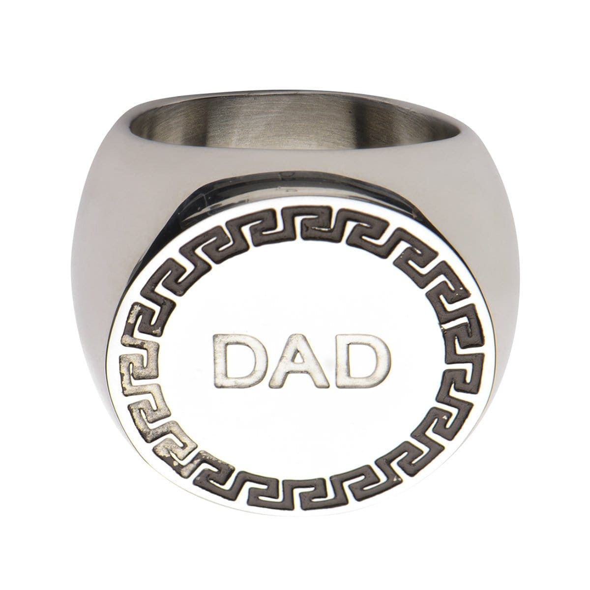INOX JEWELRY Rings Silver Tone Stainless Steel Engraved DAD Round Greek Key Ring