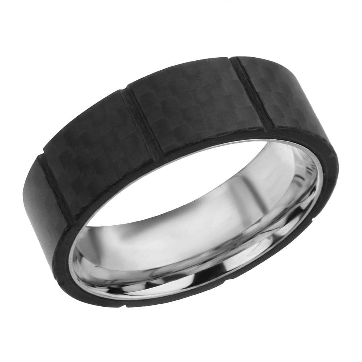 INOX JEWELRY Rings Silver Tone Stainless Steel Full Black Solid Carbon Fiber Ridge Band Ring