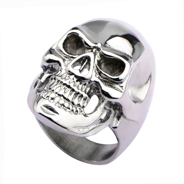 Silver Tone Stainless Steel Grinning Skull Ring