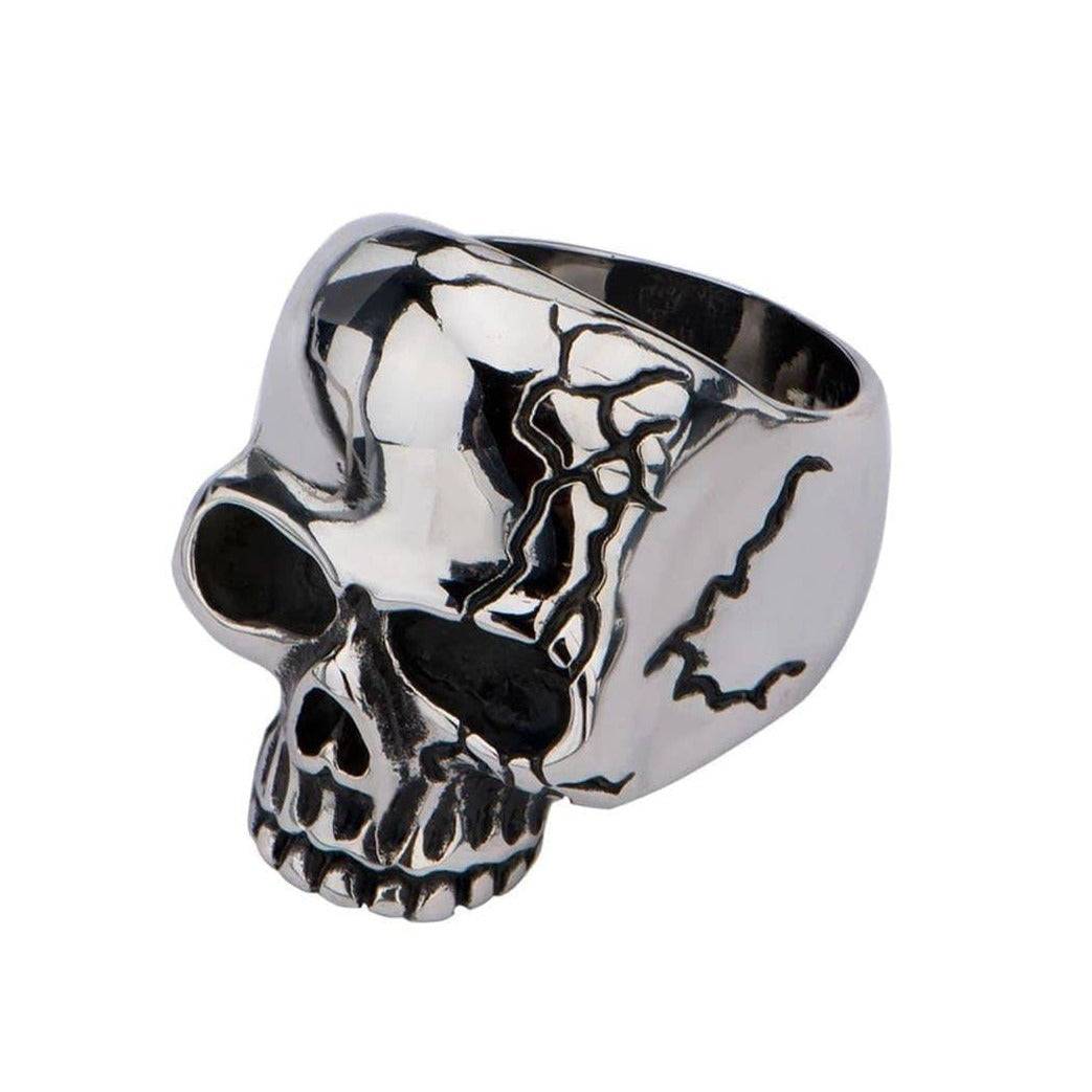 INOX JEWELRY Rings Silver Tone Stainless Steel Hallowed Jaw Cracked Skull Ring