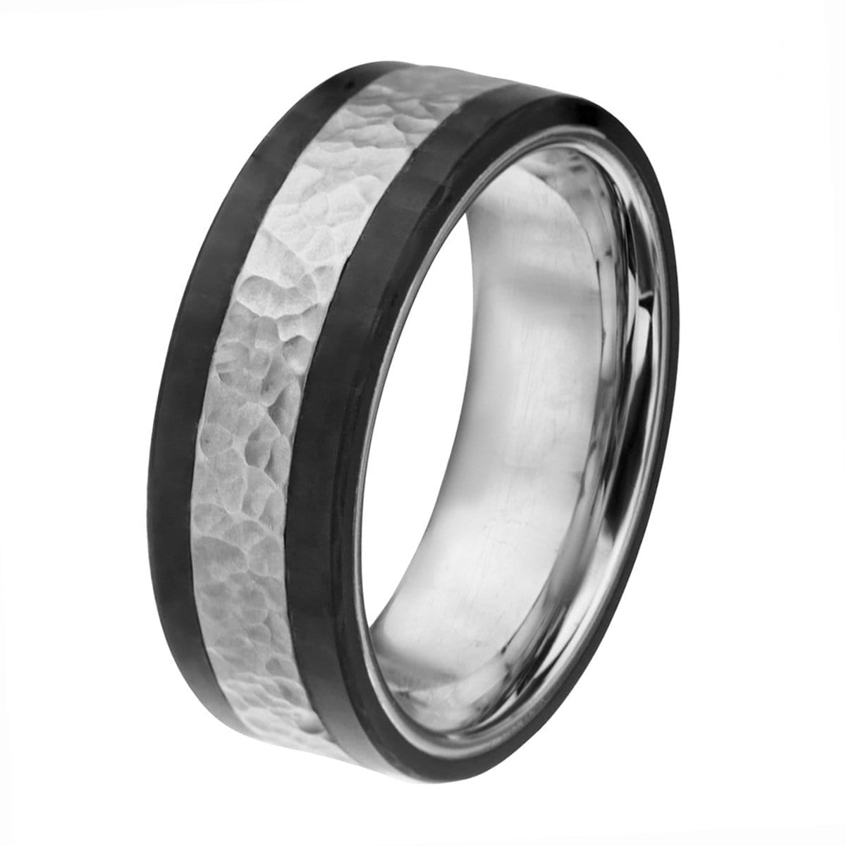 INOX JEWELRY Rings Silver Tone Stainless Steel Hammered Band with Carbon Fiber Detail