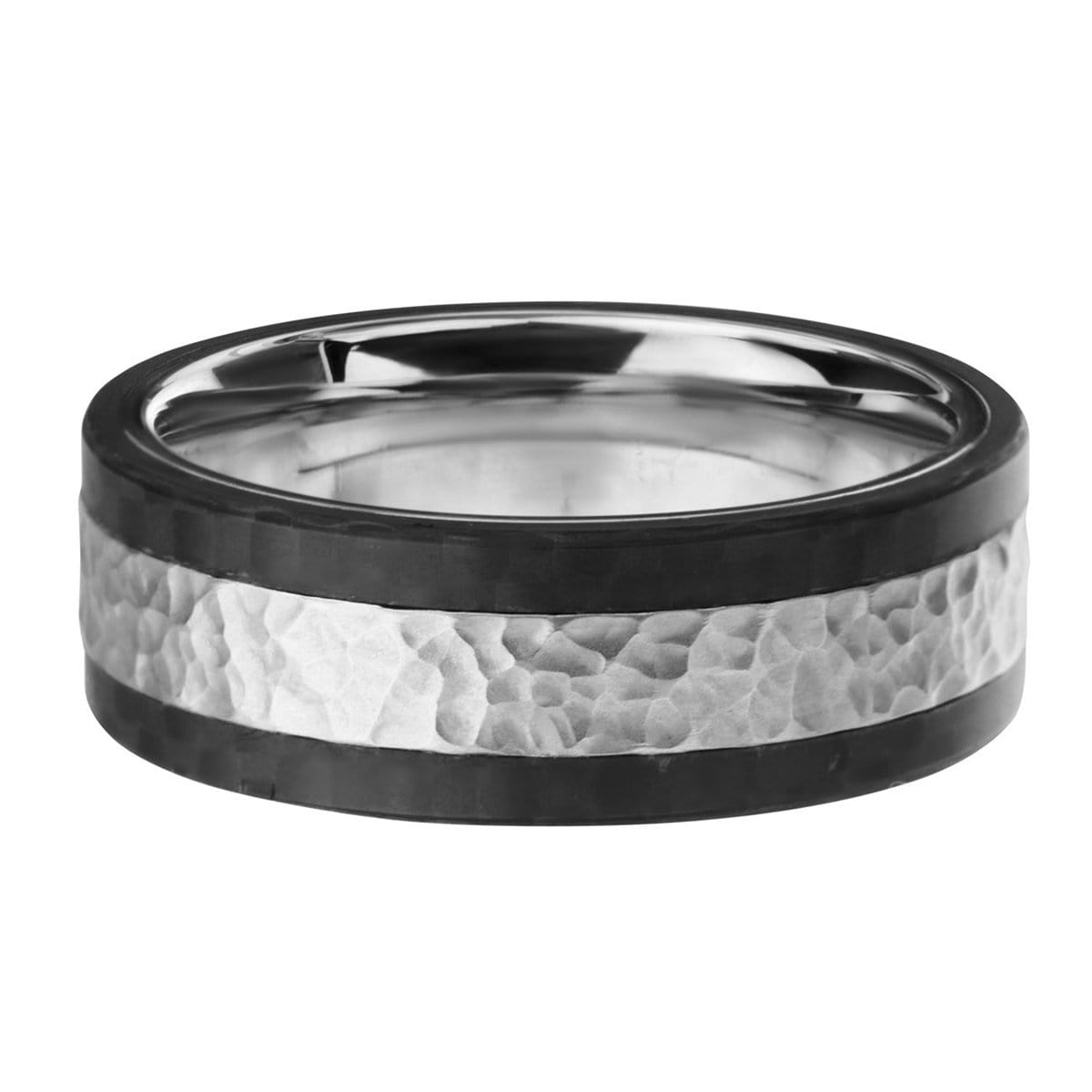 INOX JEWELRY Rings Silver Tone Stainless Steel Hammered Band with Carbon Fiber Detail