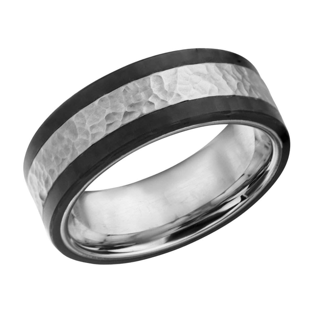 INOX JEWELRY Rings Silver Tone Stainless Steel Hammered Band with Carbon Fiber Detail