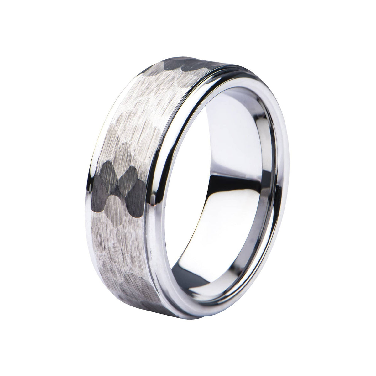 INOX JEWELRY Rings Silver Tone Stainless Steel Hammered Finish Polished Wedding Band Ring