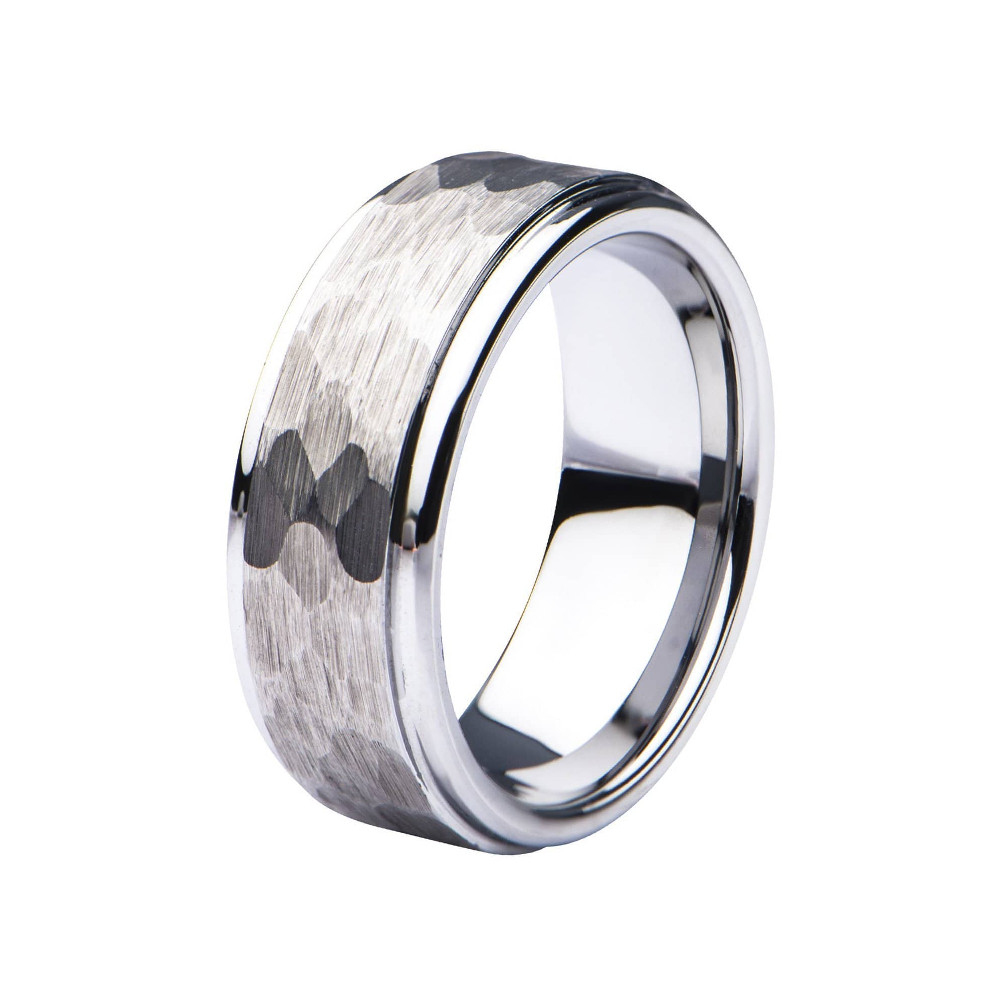 INOX JEWELRY Rings Silver Tone Stainless Steel Hammered Finish Polished Wedding Band Ring