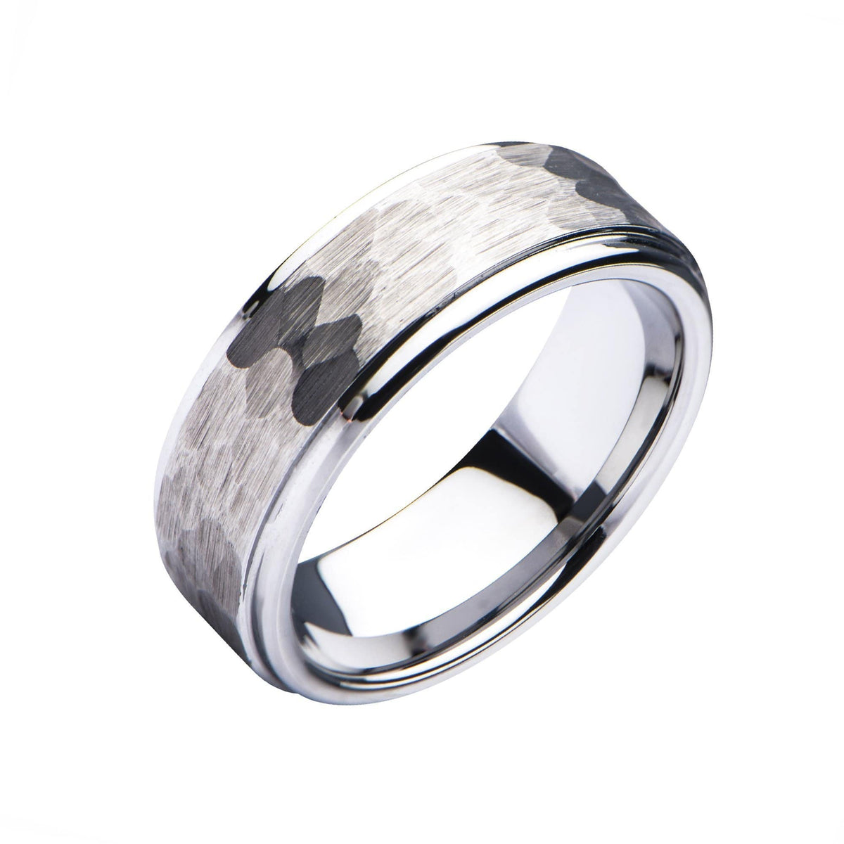 INOX JEWELRY Rings Silver Tone Stainless Steel Hammered Finish Polished Wedding Band Ring