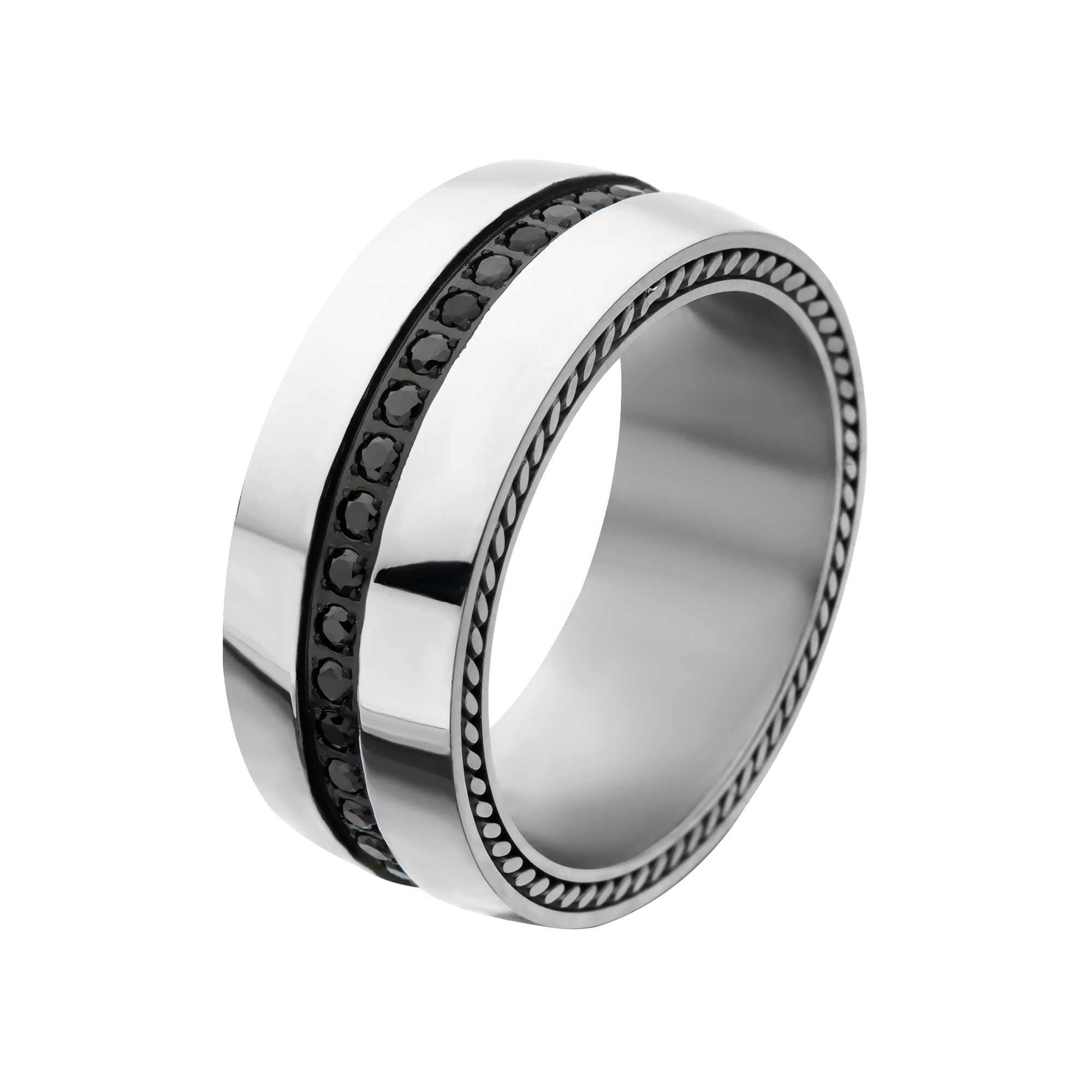 Silver Tone Stainless Steel High Polished Black CZ Band Ring