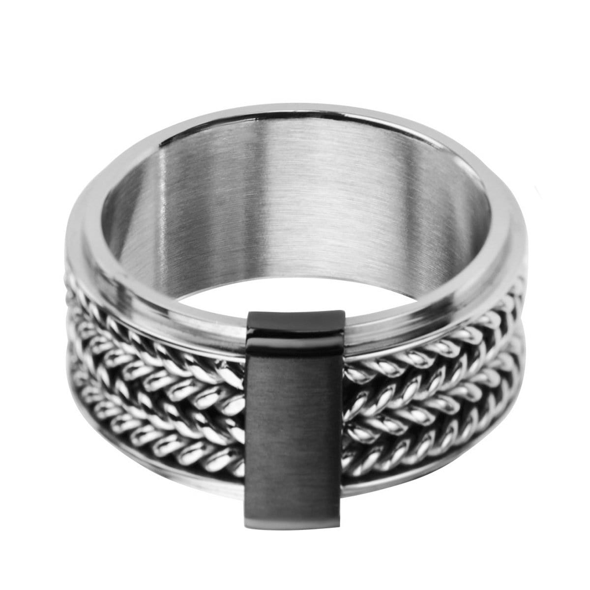 INOX JEWELRY Rings Silver Tone Stainless Steel Inlaid Braid with Black Bar Band