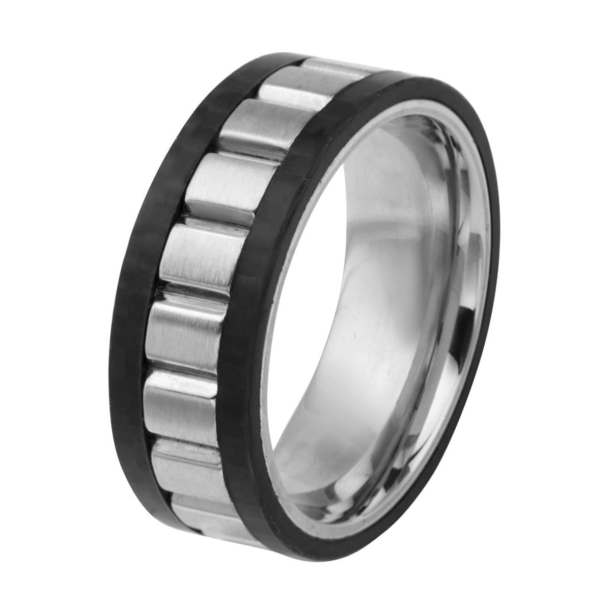 INOX JEWELRY Rings Silver Tone Stainless Steel Large Ridged Center Band with Carbon Fiber Detail