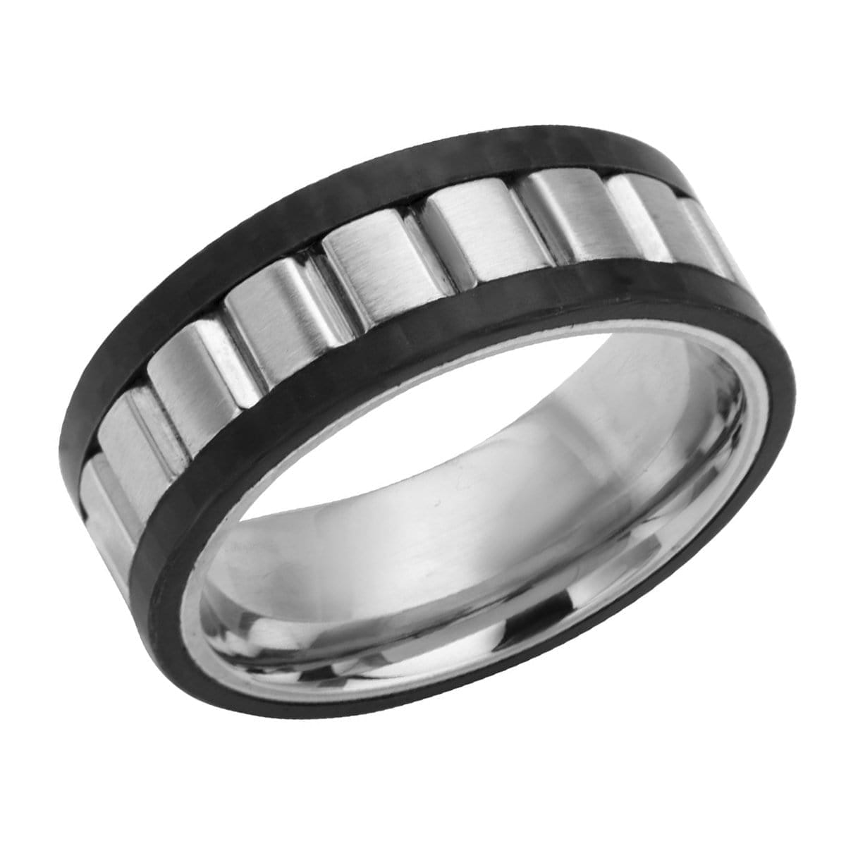 INOX JEWELRY Rings Silver Tone Stainless Steel Large Ridged Center Band with Carbon Fiber Detail