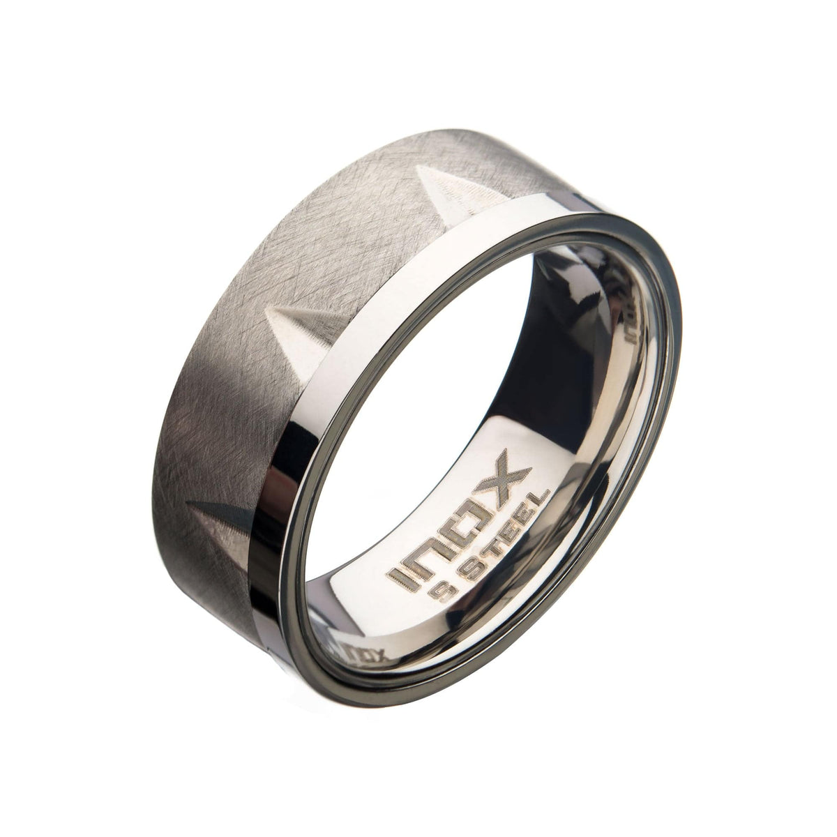 INOX JEWELRY Rings Silver Tone Stainless Steel Matte and Polish Finish Accent Notch Band Ring