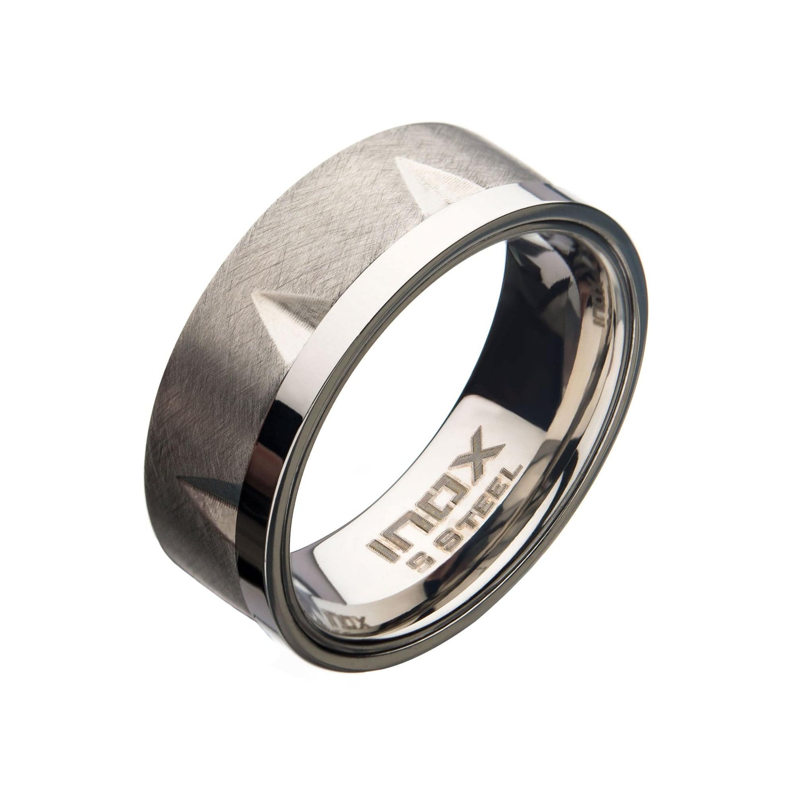 INOX JEWELRY Rings Silver Tone Stainless Steel Matte and Polish Finish Accent Notch Band Ring
