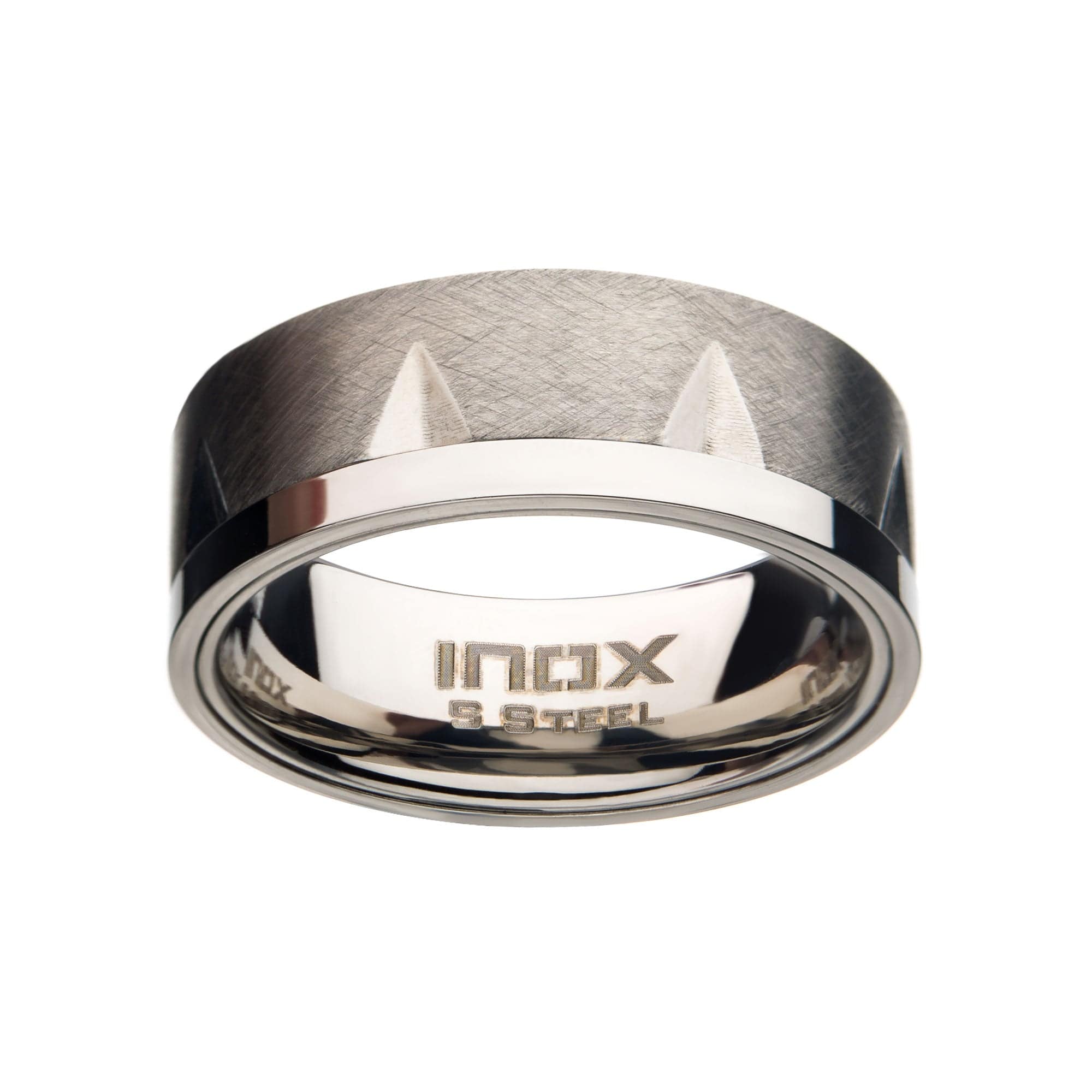 INOX JEWELRY Rings Silver Tone Stainless Steel Matte and Polish Finish Accent Notch Band Ring