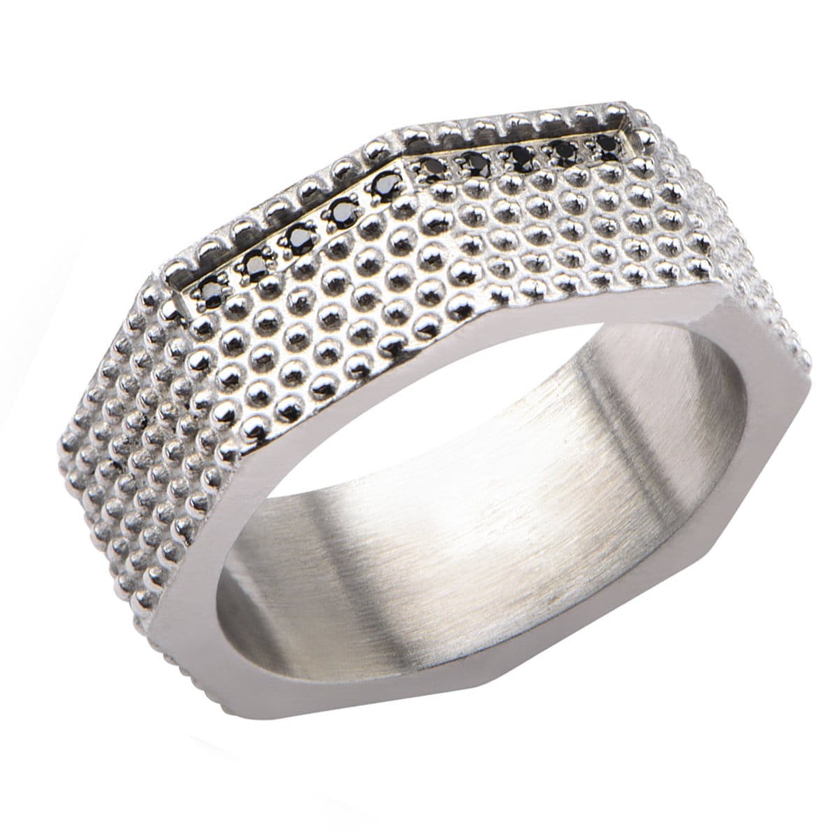 INOX JEWELRY Rings Silver Tone Stainless Steel Matte Finished Black CZ Dotted Ring