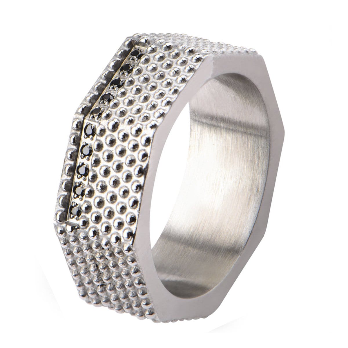 INOX JEWELRY Rings Silver Tone Stainless Steel Matte Finished Black CZ Dotted Ring