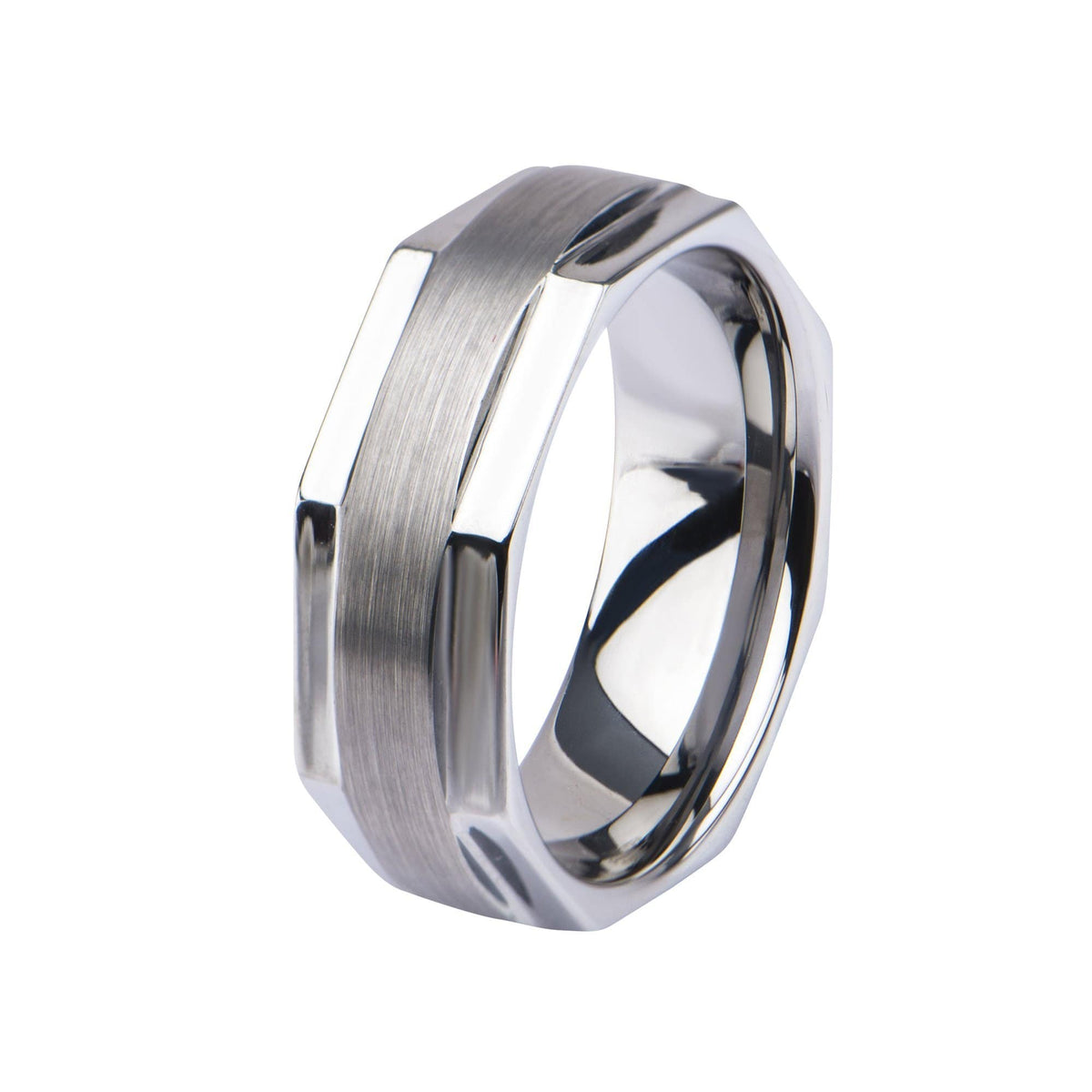 INOX JEWELRY Rings Silver Tone Stainless Steel Octogonal Band Ring