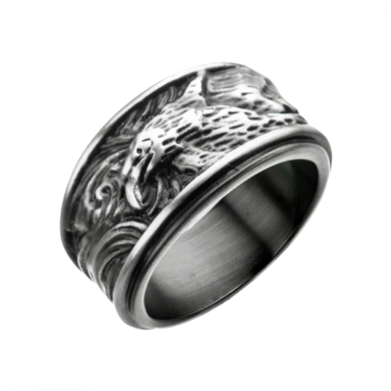 INOX JEWELRY Rings Silver Tone Stainless Steel Oxidized Finish Brushed Eagle Band Ring