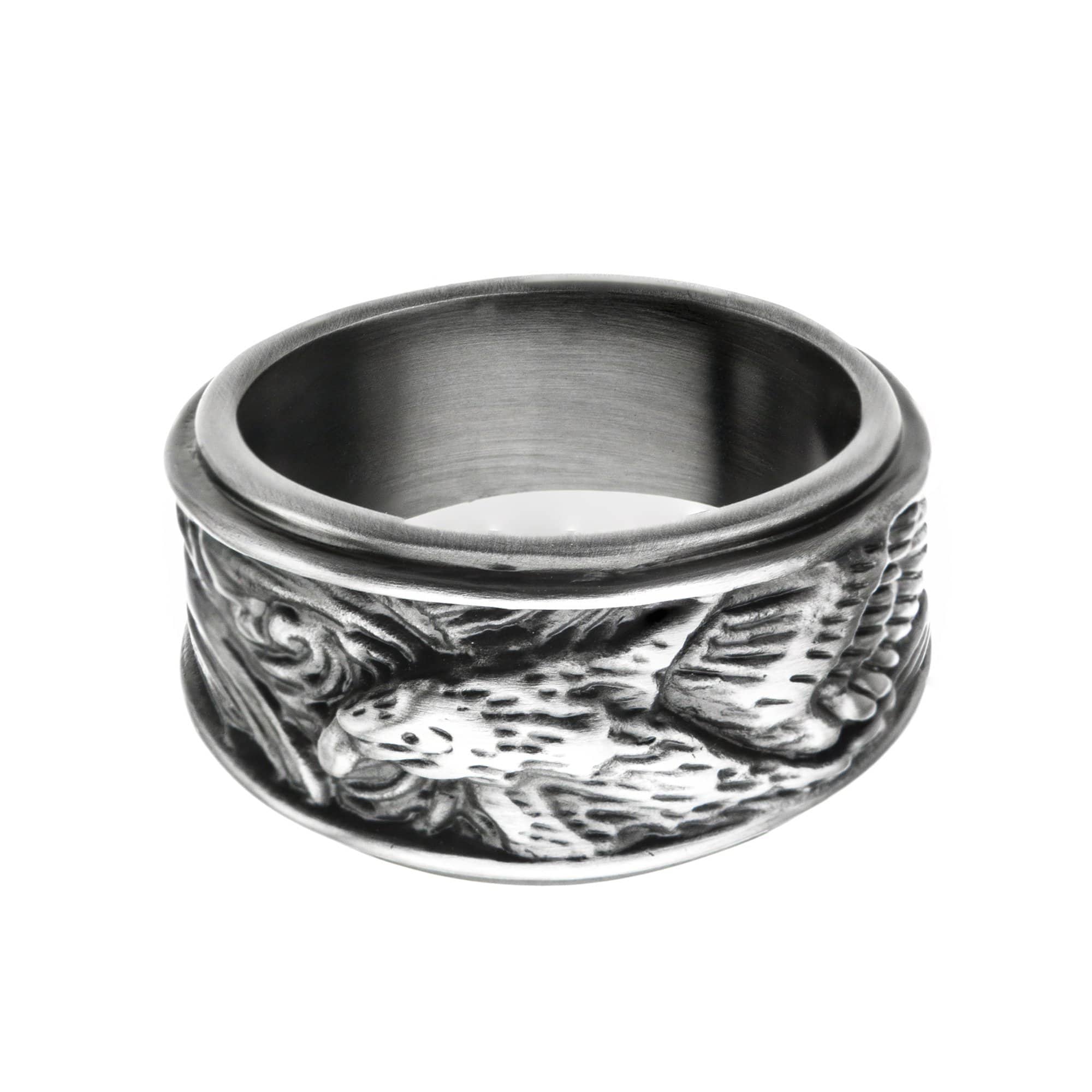 INOX JEWELRY Rings Silver Tone Stainless Steel Oxidized Finish Brushed Eagle Band Ring