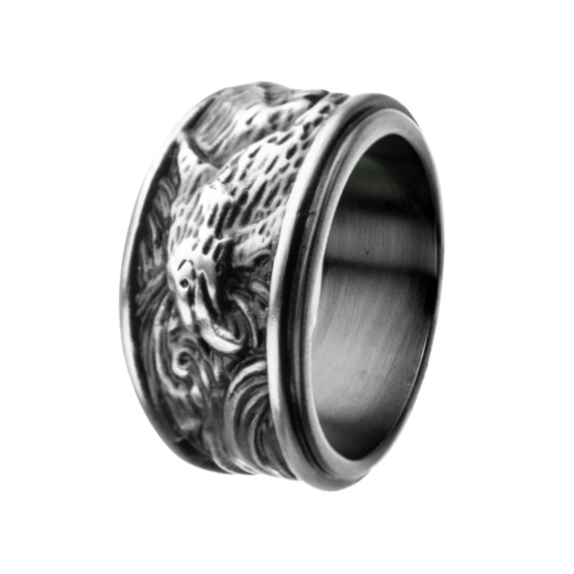 INOX JEWELRY Rings Silver Tone Stainless Steel Oxidized Finish Brushed Eagle Band Ring