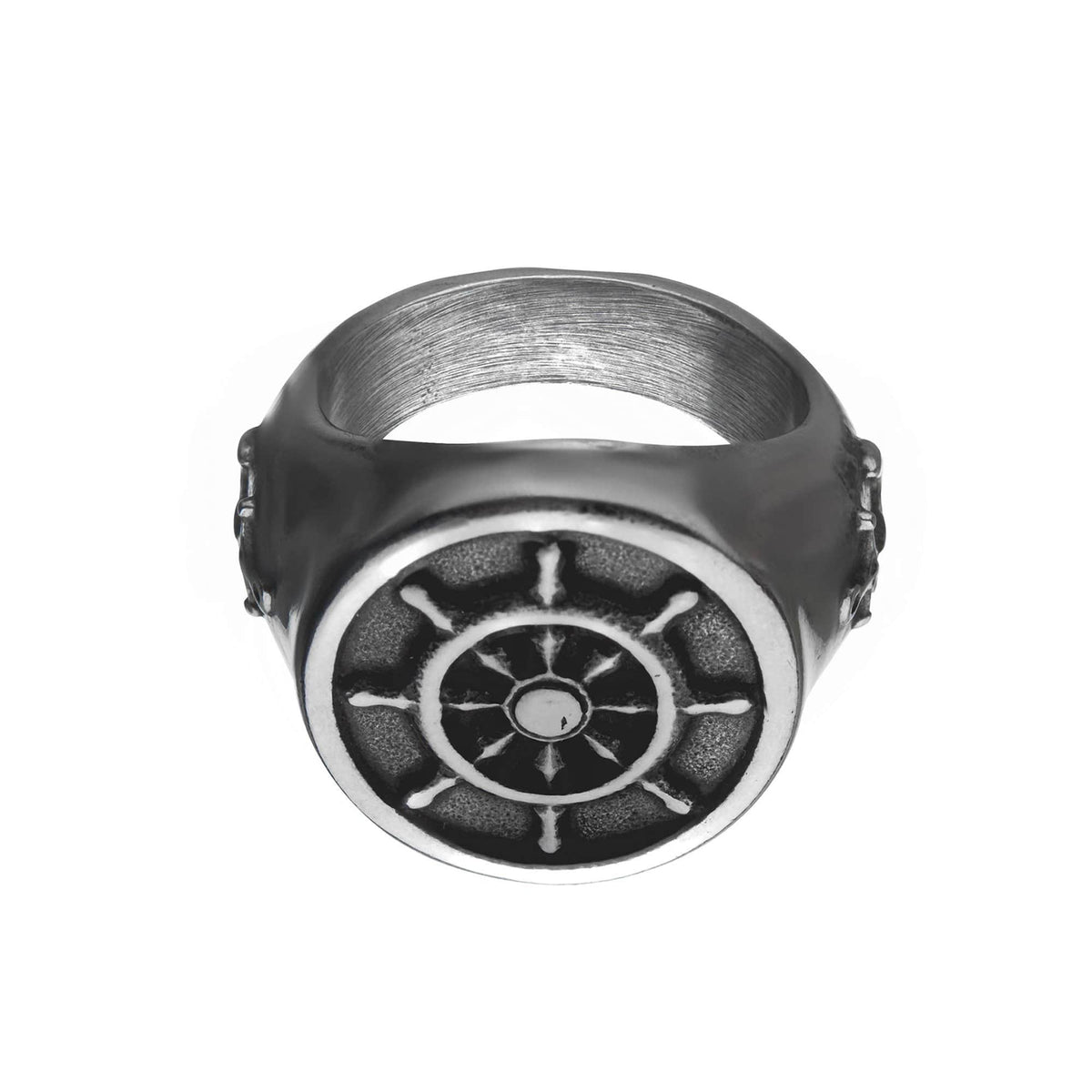 INOX JEWELRY Rings Silver Tone Stainless Steel Oxidized Finish Vintage Anchor and Helm Ring