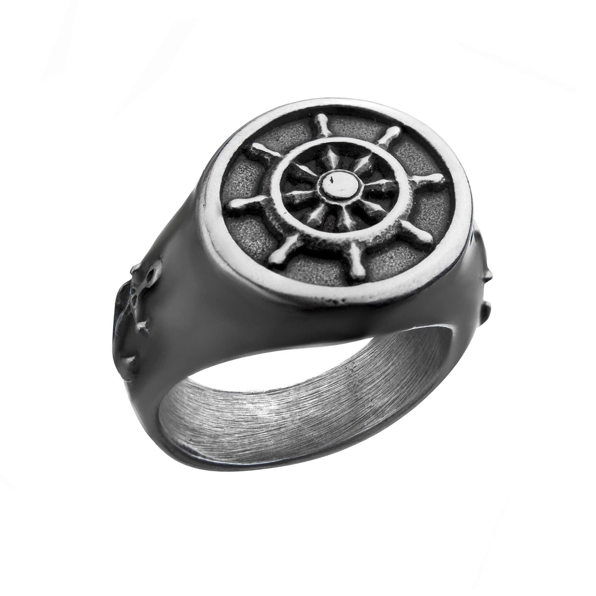 INOX JEWELRY Rings Silver Tone Stainless Steel Oxidized Finish Vintage Anchor and Helm Ring