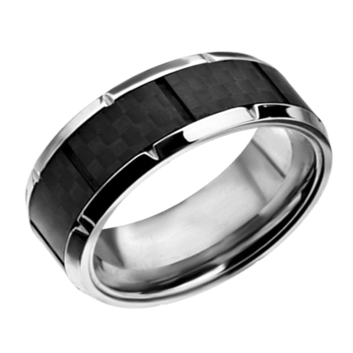 INOX JEWELRY Rings Silver Tone Stainless Steel Ridged Edge with Center Solid Carbon Fiber Band Ring