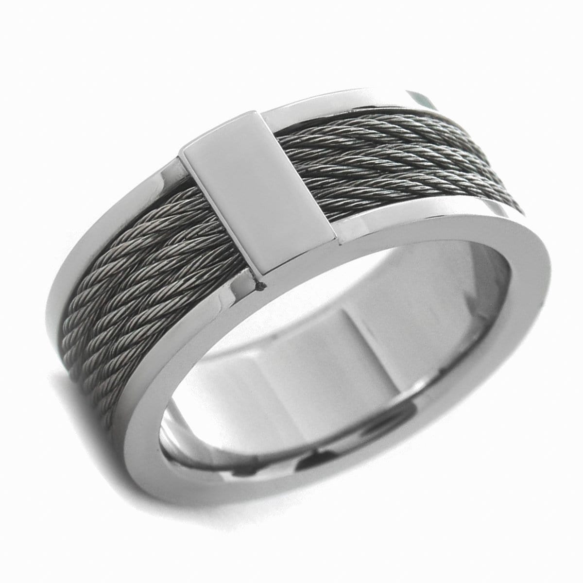 INOX JEWELRY Rings Silver Tone Stainless Steel Ring with Three Inlaid Cables