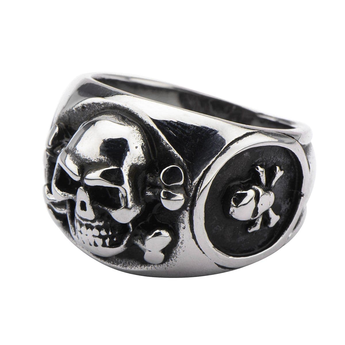INOX JEWELRY Rings Silver Tone Stainless Steel Three Sided Danger Skull Ring