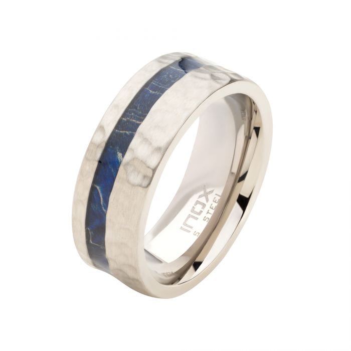 INOX JEWELRY Rings Silver Tone Stainless Steel with Blue Dyed Wood Inlay Band Ring