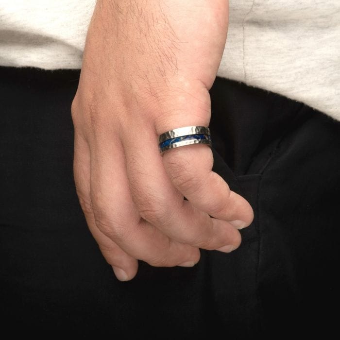 INOX JEWELRY Rings Silver Tone Stainless Steel with Blue Dyed Wood Inlay Band Ring