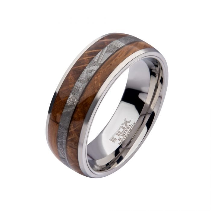 INOX JEWELRY Rings Silver Tone Stainless Steel with Genuine Meteorite and Whisky Barrel Inlay Band Ring FRMT1370-9