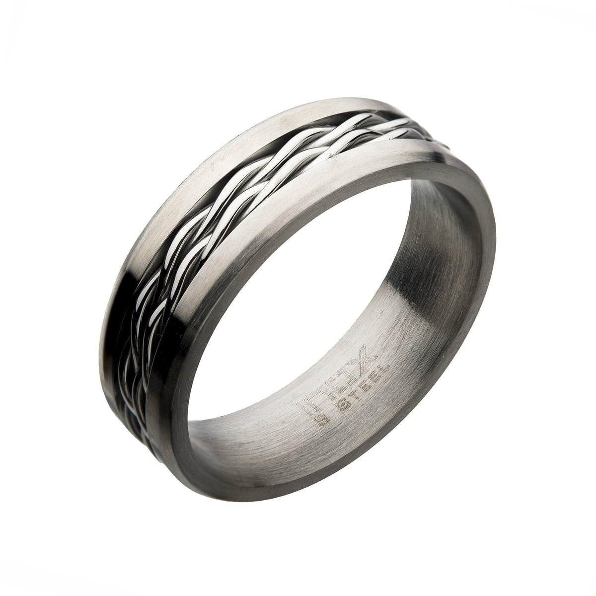 INOX JEWELRY Rings Silver Tone Stainless Steel with Intertwined Cables 7mm Band Ring