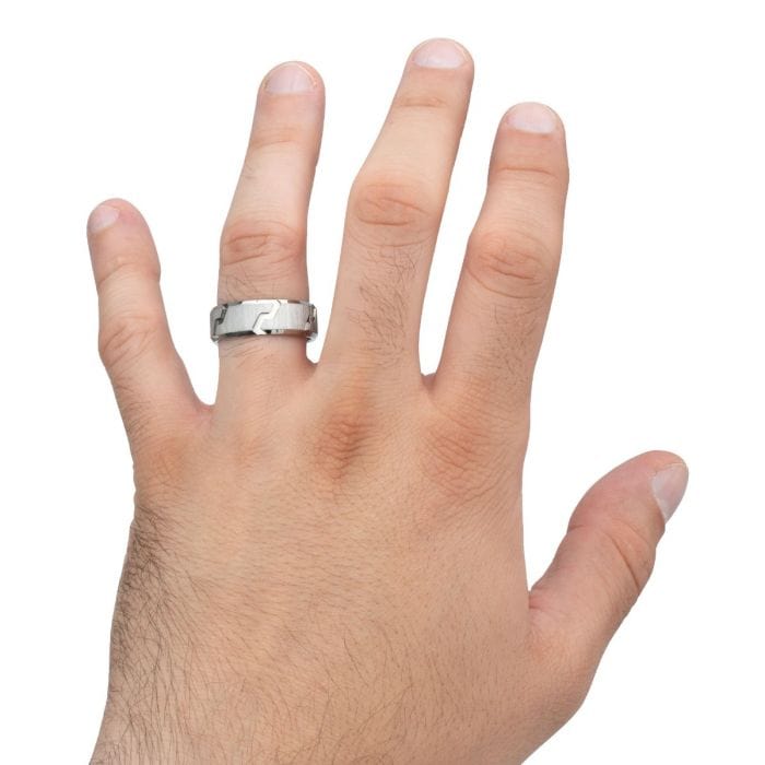 INOX JEWELRY Rings Silver Tone Titanium Tread Pattern Band Ring