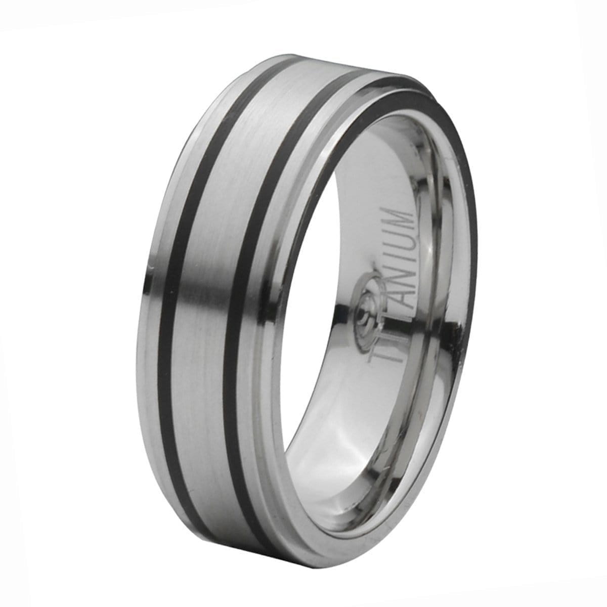 INOX JEWELRY Rings Silver Tone Titanium with Inlaid Black Rubber Band Ring