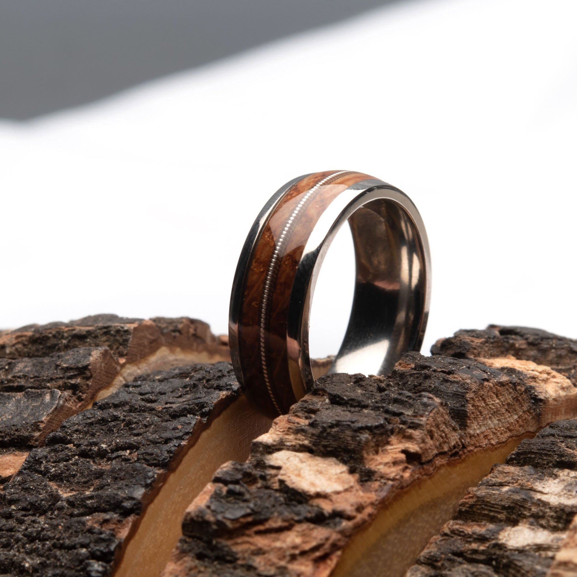 INOX JEWELRY Rings Silver Tone Titanium with Whiskey Barrel Wood Inlay Band Ring