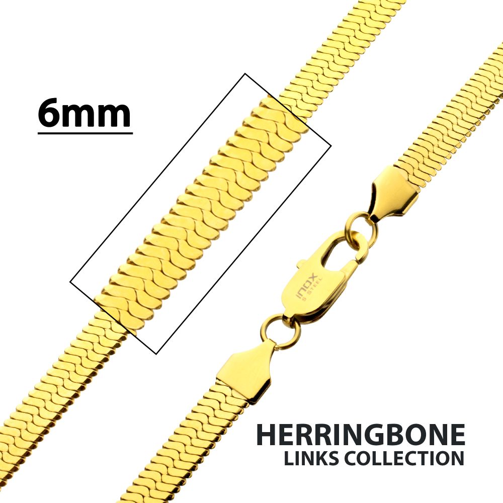 6mm High Polished 18Kt Gold IP Stainless Steel Herringbone Chain