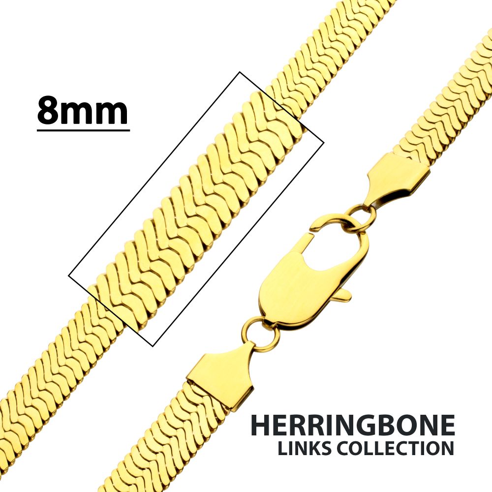 8mm High Polished 18Kt Gold Stainless Steel Herringbone Chain