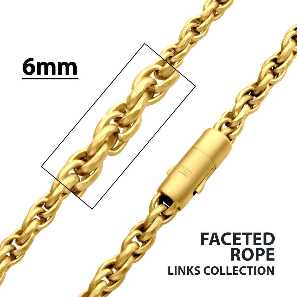 6mm 18Kt Gold IP Matte Finish Stainless Steel Faceted Rope Chain Necklace